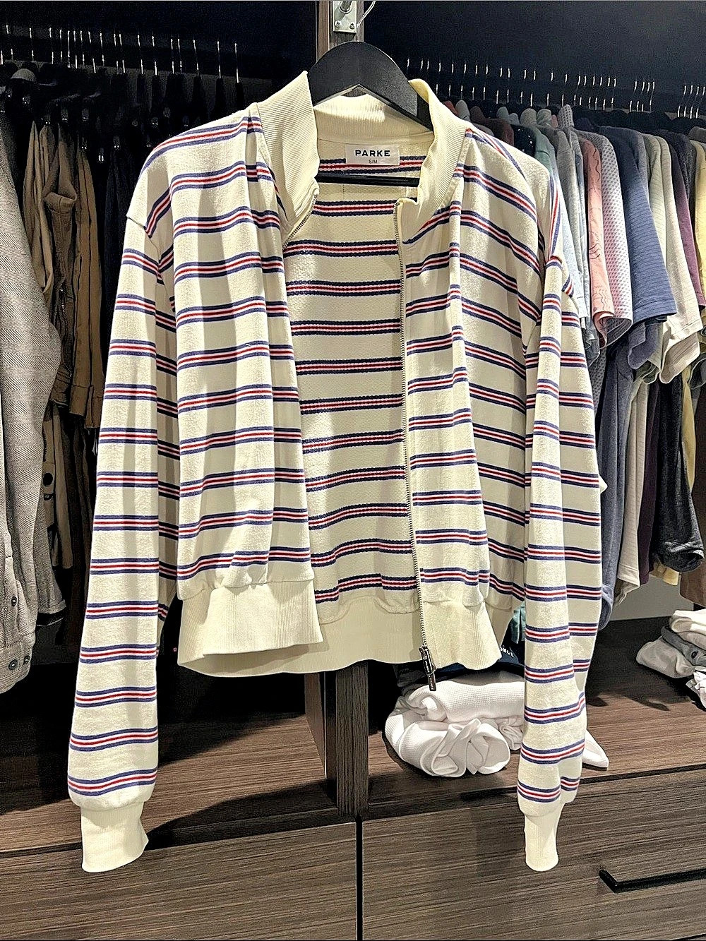 PARKE Sport Stripe Varsity Fleece Zip-Up Cream & Blue Small